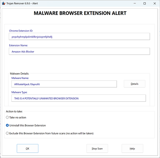 A Malware Browser Extension Alert screen example A Malware Browser Extension Alert screen example